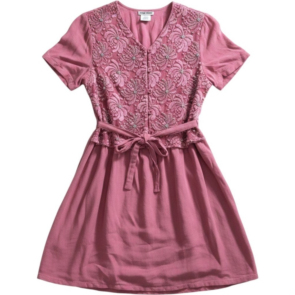 Marisol Mauve Pink Lace Sequin Rayon Mini Dress Womens Large Boho Cottagecore